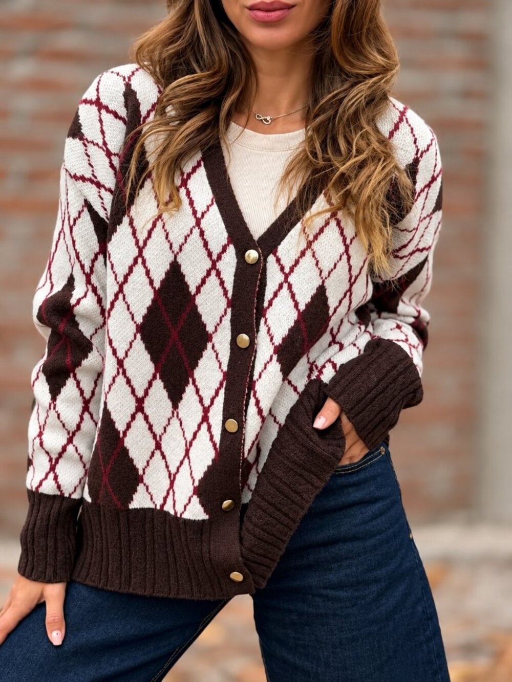 Women's Argyle V-Neck Button Down Knit Cardigan Preppy Sweater